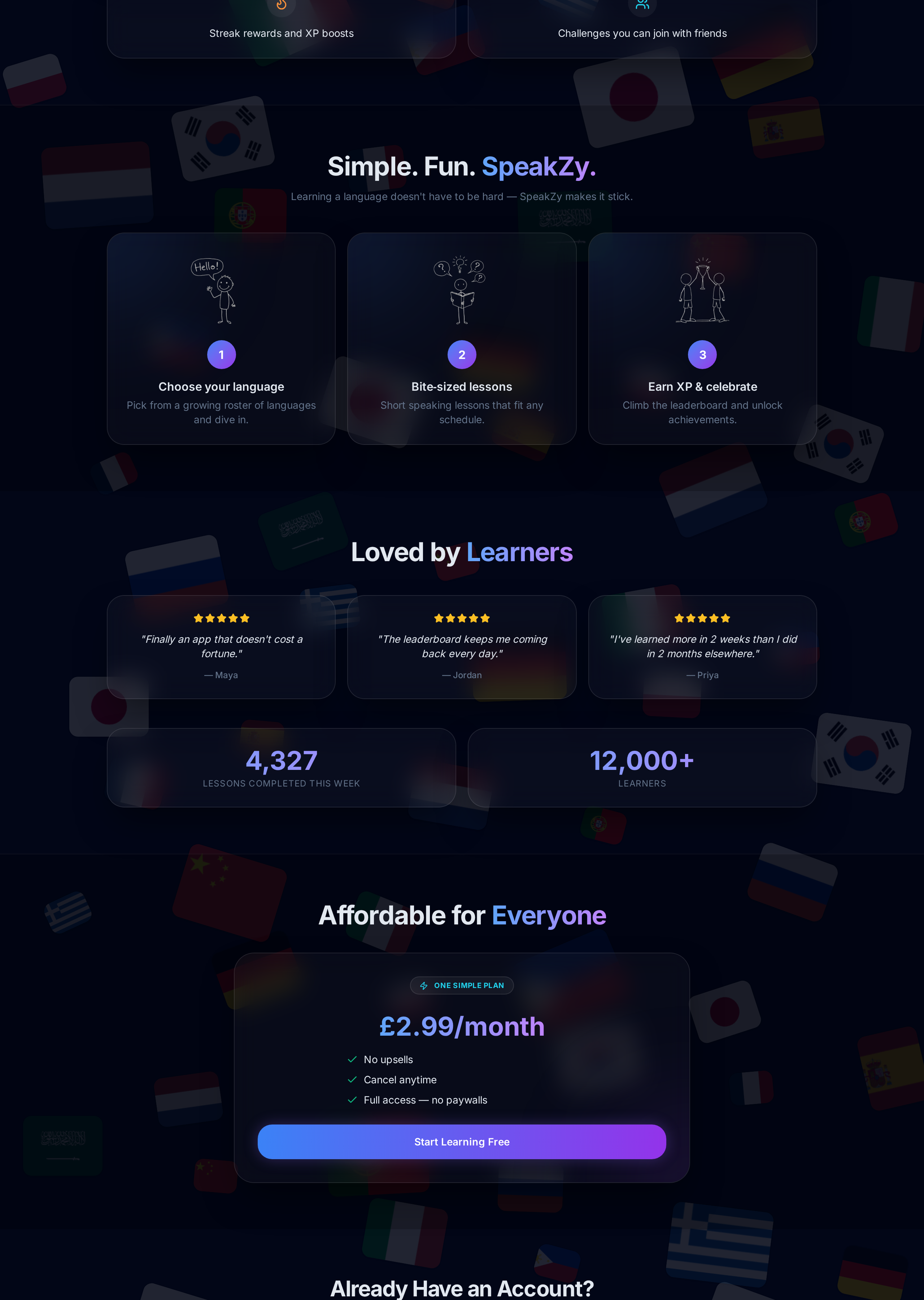 SpeakZy how-it-works steps and testimonials from learners.